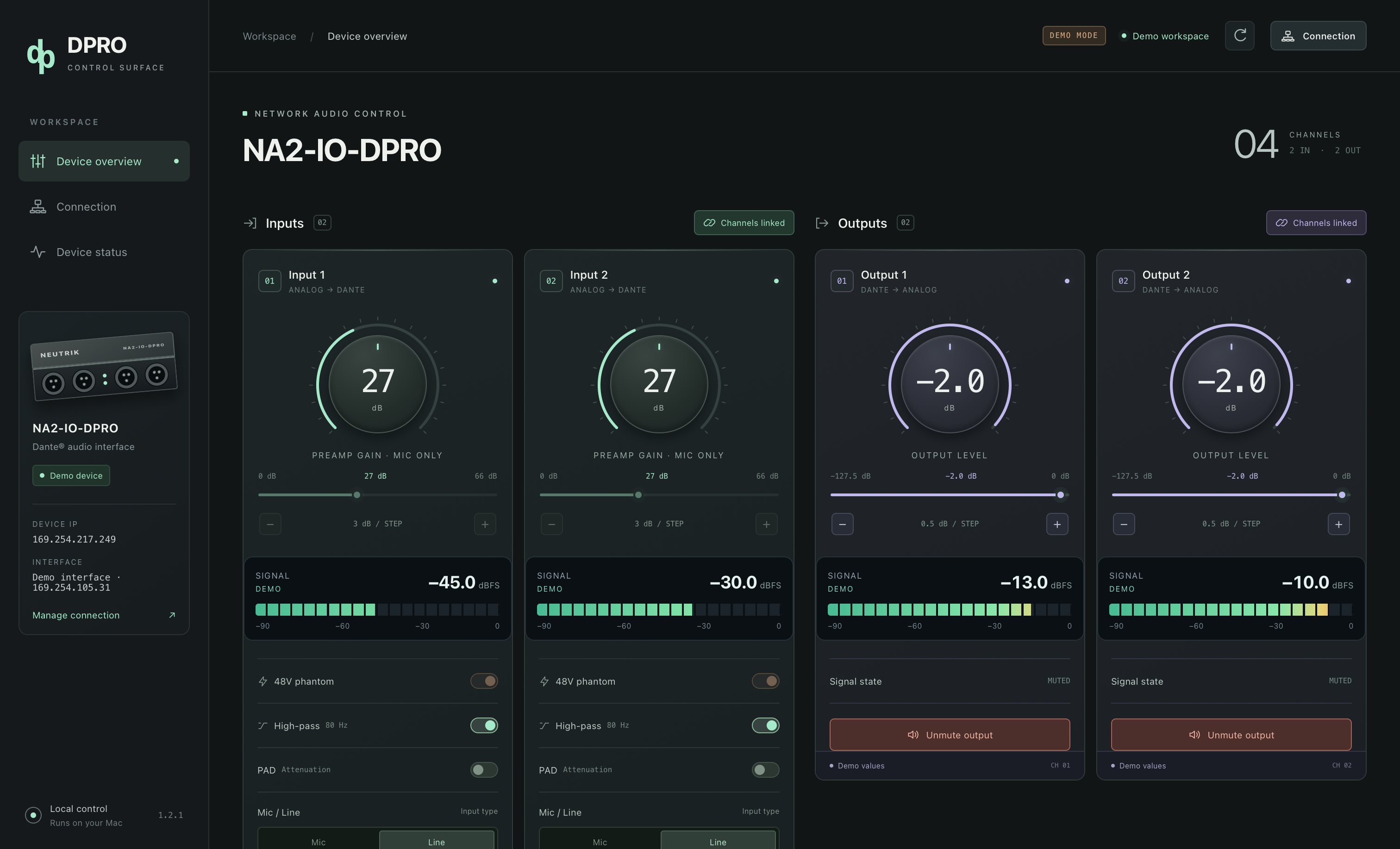 DPRO Control in demo mode, showing two inputs, two outputs, dB controls and four signal meters